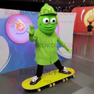 Lime Green Skateboard mascot costume character dressed with a Dress Pants and Rings