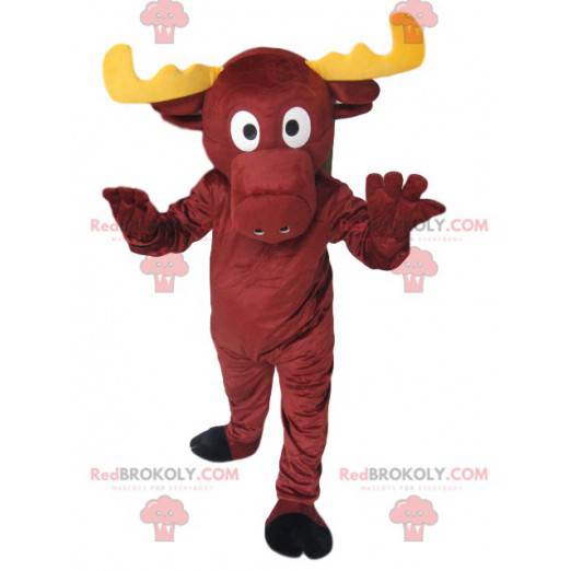 Dynamisches braunes Hirschmaskottchen mit gelbem Geweih -