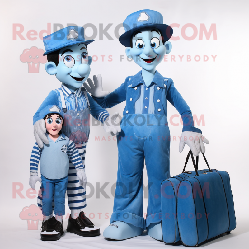 Blue Mime mascot costume character dressed with a Mom Jeans and Briefcases Blue Mime mascot costume character dressed with a Mom Jeans and Briefcases