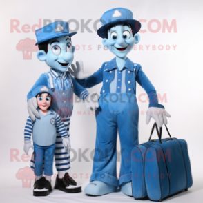 Blue Mime mascot costume character dressed with a Mom Jeans and Briefcases