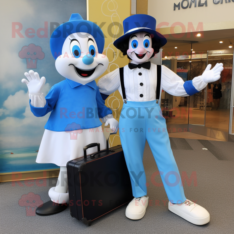 Blue Mime mascot costume character dressed with a Mom Jeans and Briefcases Blue Mime mascot costume character dressed with a Mom Jeans and Briefcases