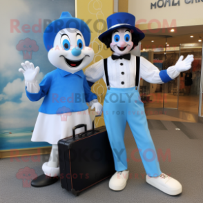 Blue Mime mascot costume character dressed with a Mom Jeans and Briefcases