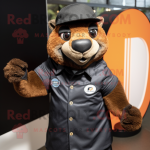 Black Mongoose mascot costume character dressed with a Button-Up Shirt and Berets