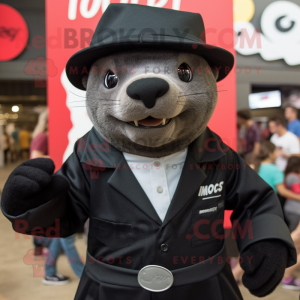 Black Mongoose mascot costume character dressed with a Button-Up Shirt and Berets