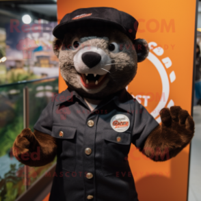 Black Mongoose mascot costume character dressed with a Button-Up Shirt and Berets