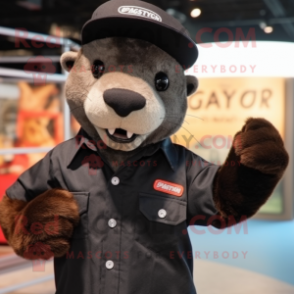 Black Mongoose mascot costume character dressed with a Button-Up Shirt and Berets