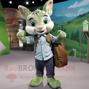 Green Wild Rabbit mascot costume character dressed with a Chambray Shirt and Backpacks