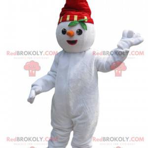 Mascote do boneco de neve com um chapéu vermelho e uma cenoura