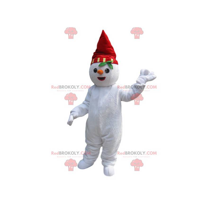 Mascote do boneco de neve com um chapéu vermelho e uma cenoura