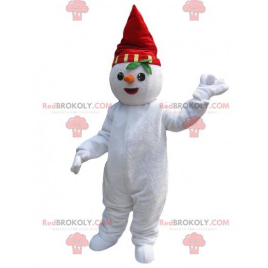 Mascotte de bonhomme de neige avec un chapeau rouge et un