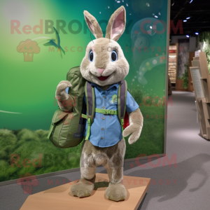 Green Wild Rabbit mascot costume character dressed with a Chambray Shirt and Backpacks