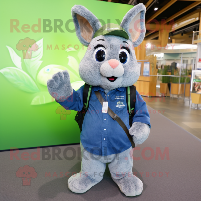 Green Wild Rabbit mascot costume character dressed with a Chambray Shirt and Backpacks