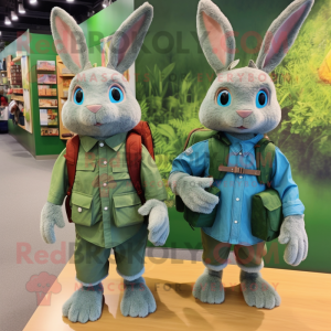 Green Wild Rabbit mascot costume character dressed with a Chambray Shirt and Backpacks