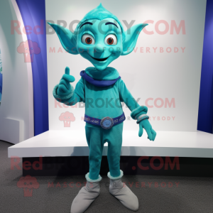 Cyan Elf mascot costume character dressed with a Sweater and Tie pins
