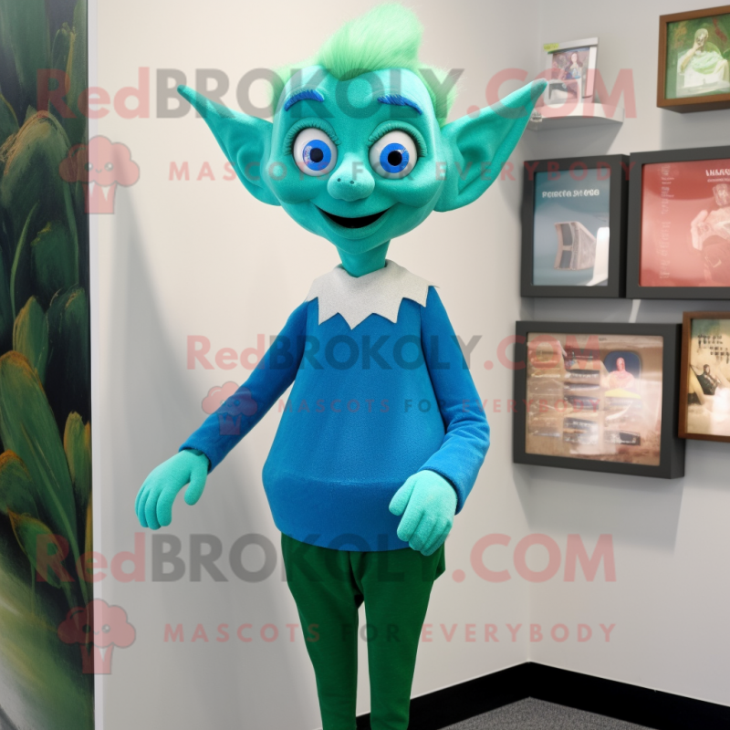 Cyan Elf mascot costume character dressed with a Sweater and Tie pins