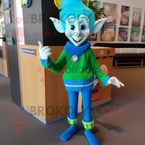 Cyan Elf mascot costume character dressed with a Sweater and Tie pins