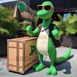 Green Diplodocus mascot costume character dressed with a Cargo Pants and Sunglasses