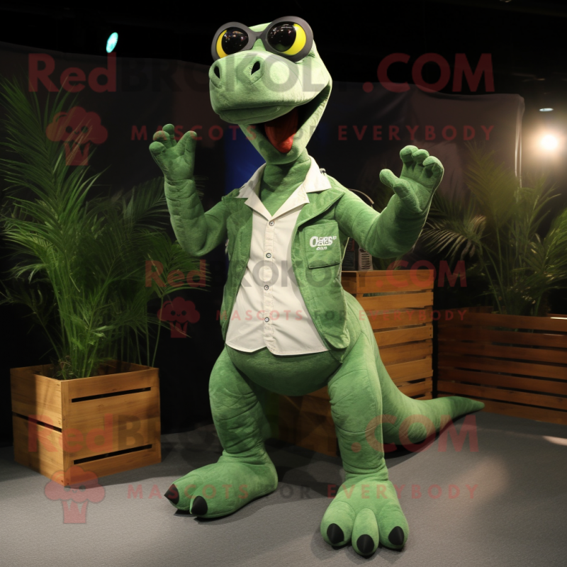 Green Diplodocus mascot costume character dressed with a Cargo Pants and Sunglasses Green Diplodocus mascot costume character dressed with a Cargo Pants and Sunglasses