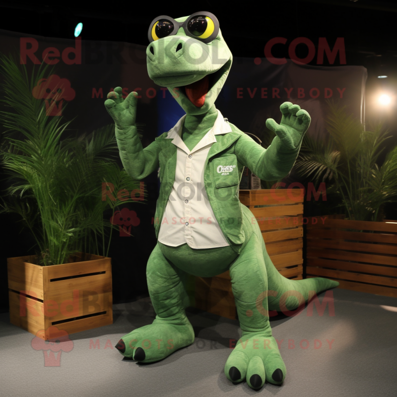 Green Diplodocus mascot costume character dressed with a Cargo Pants and Sunglasses