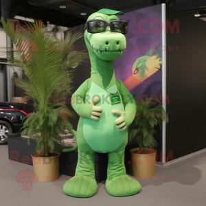 Green Diplodocus mascot costume character dressed with a Cargo Pants and Sunglasses