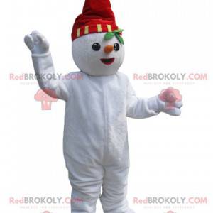 Mascotte de bonhomme de neige avec un chapeau rouge et un