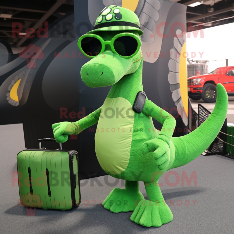 Green Diplodocus mascot costume character dressed with a Cargo Pants and Sunglasses