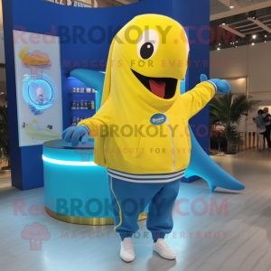 Lemon Yellow Blue Whale mascot costume character dressed with a Sweatshirt and Brooches