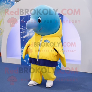 Lemon Yellow Blue Whale mascot costume character dressed with a Sweatshirt and Brooches
