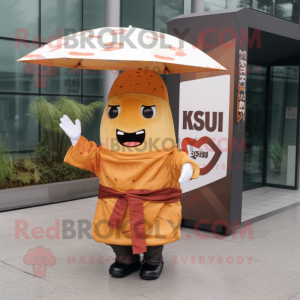 Rust Sushi mascot costume character dressed with a Raincoat and Wraps