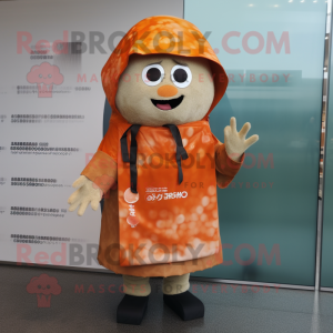 Rust Sushi mascot costume character dressed with a Raincoat and Wraps