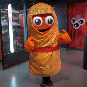 Rust Sushi mascot costume character dressed with a Raincoat and Wraps