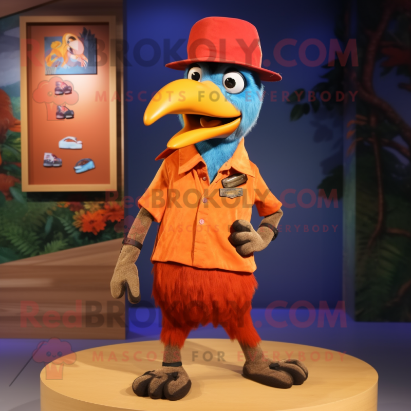 Orange Woodpecker mascot costume character dressed with a Bermuda Shorts and Beanies