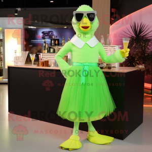 Lime Green Goose mascot costume character dressed with a Cocktail Dress and Eyeglasses