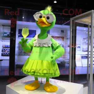 Lime Green Goose mascot costume character dressed with a Cocktail Dress and Eyeglasses