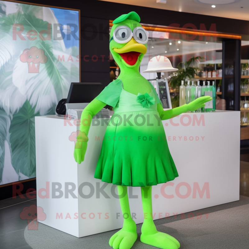 Lime Green Goose mascot costume character dressed with a Cocktail Dress and Eyeglasses