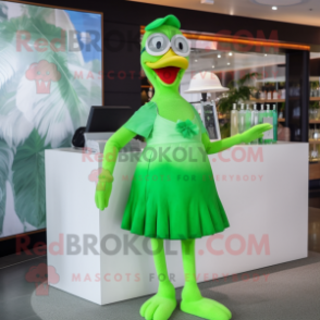 Lime Green Goose mascot costume character dressed with a Cocktail Dress and Eyeglasses