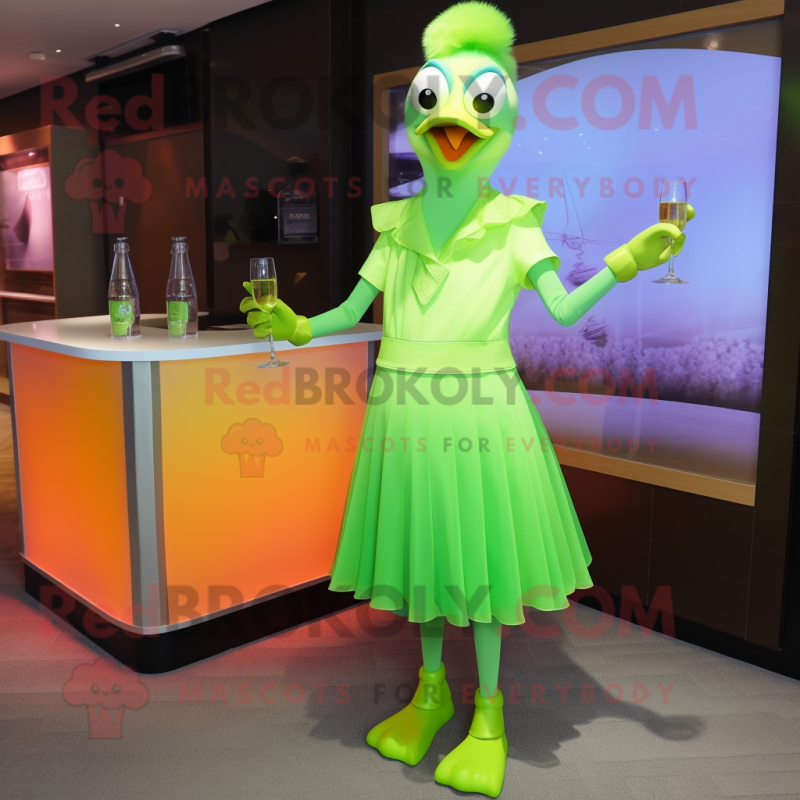 Lime Green Goose mascot costume character dressed with a Cocktail Dress and Eyeglasses Lime Green Goose mascot costume character dressed with a Cocktail Dress and Eyeglasses