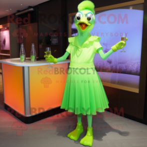 Lime Green Goose mascot costume character dressed with a Cocktail Dress and Eyeglasses