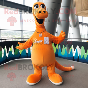 Orange Brachiosaurus mascot costume character dressed with a V-Neck Tee and Suspenders