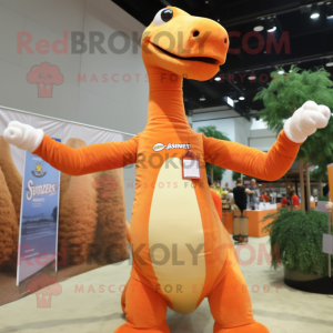 Orange Brachiosaurus mascot costume character dressed with a V-Neck Tee and Suspenders