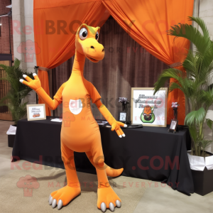 Orange Brachiosaurus mascot costume character dressed with a V-Neck Tee and Suspenders