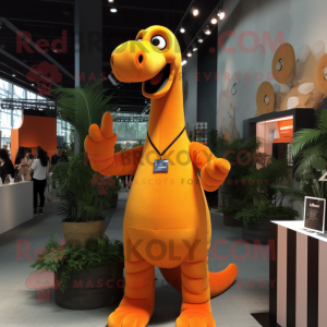 Orange Brachiosaurus mascot costume character dressed with a V-Neck Tee and Suspenders