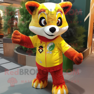 Lemon Yellow Red Panda mascot costume character dressed with a Sweater and Bracelet watches