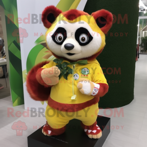 Lemon Yellow Red Panda mascot costume character dressed with a Sweater and Bracelet watches