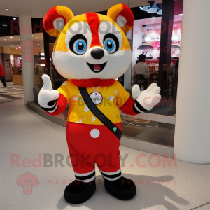 Lemon Yellow Red Panda mascot costume character dressed with a Sweater and Bracelet watches