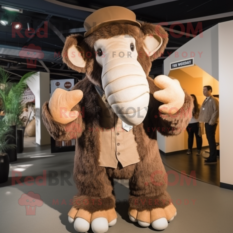 Brown Mammoth mascot costume character dressed with a Waistcoat and Berets