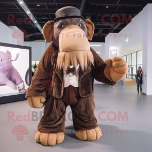 Brown Mammoth mascot costume character dressed with a Waistcoat and Berets