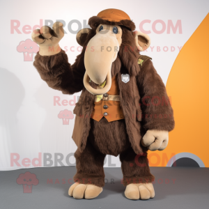 Brown Mammoth mascot costume character dressed with a Waistcoat and Berets