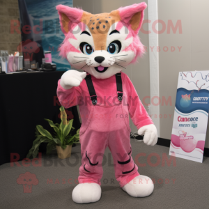 Pink Bobcat mascot costume character dressed with a Dungarees and Hairpins