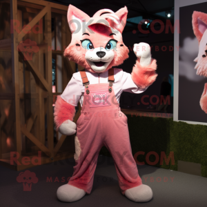 Pink Bobcat mascot costume character dressed with a Dungarees and Hairpins